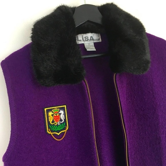 Vintage purple boiled wool vest faux fur collar women's Large crest patch - Picture 2 of 10